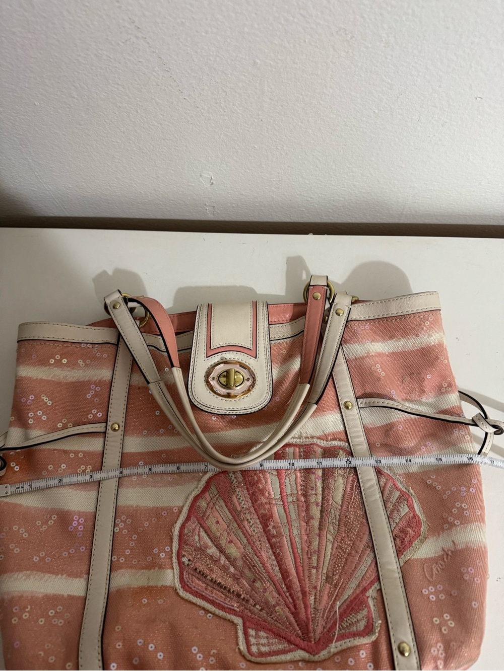 Coach RARE Y2K Audrey Motif Canvas Seashell Medium Cinched Tote - Picture 13 of 16